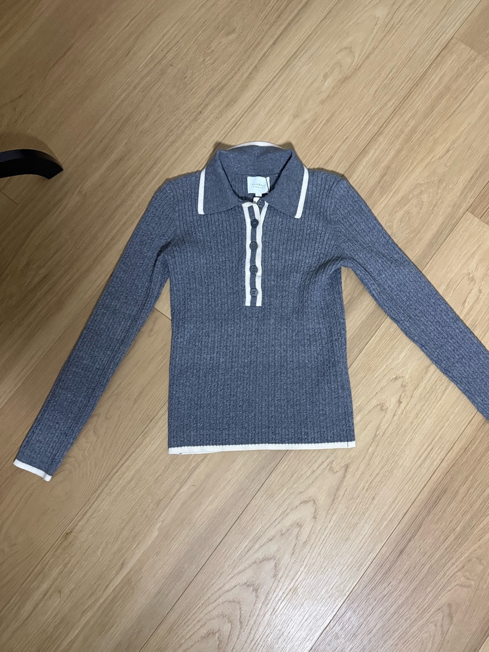 sundays grey Ribbed Polo Sweater with White Trim Accents